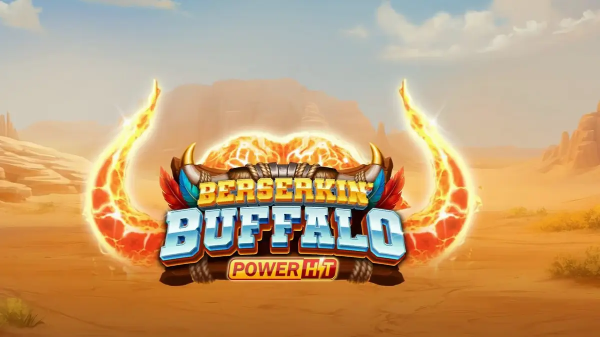Tampilan visual slot Berserkin’ Buffalo Power Hit dengan latar belakang badai dan simbol hewan liar